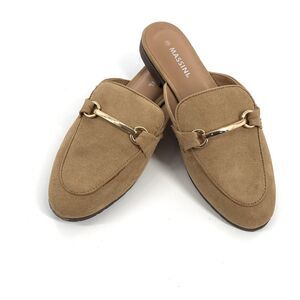 Massini Social Faux Leather Slip On Horse Bit Mules 6 Cream Beige Khaki Career